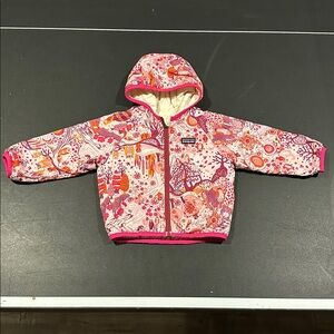 GUC Patagonia Reversible Quilted Pink Hooded Jacket Bird Toddler 12-18 months